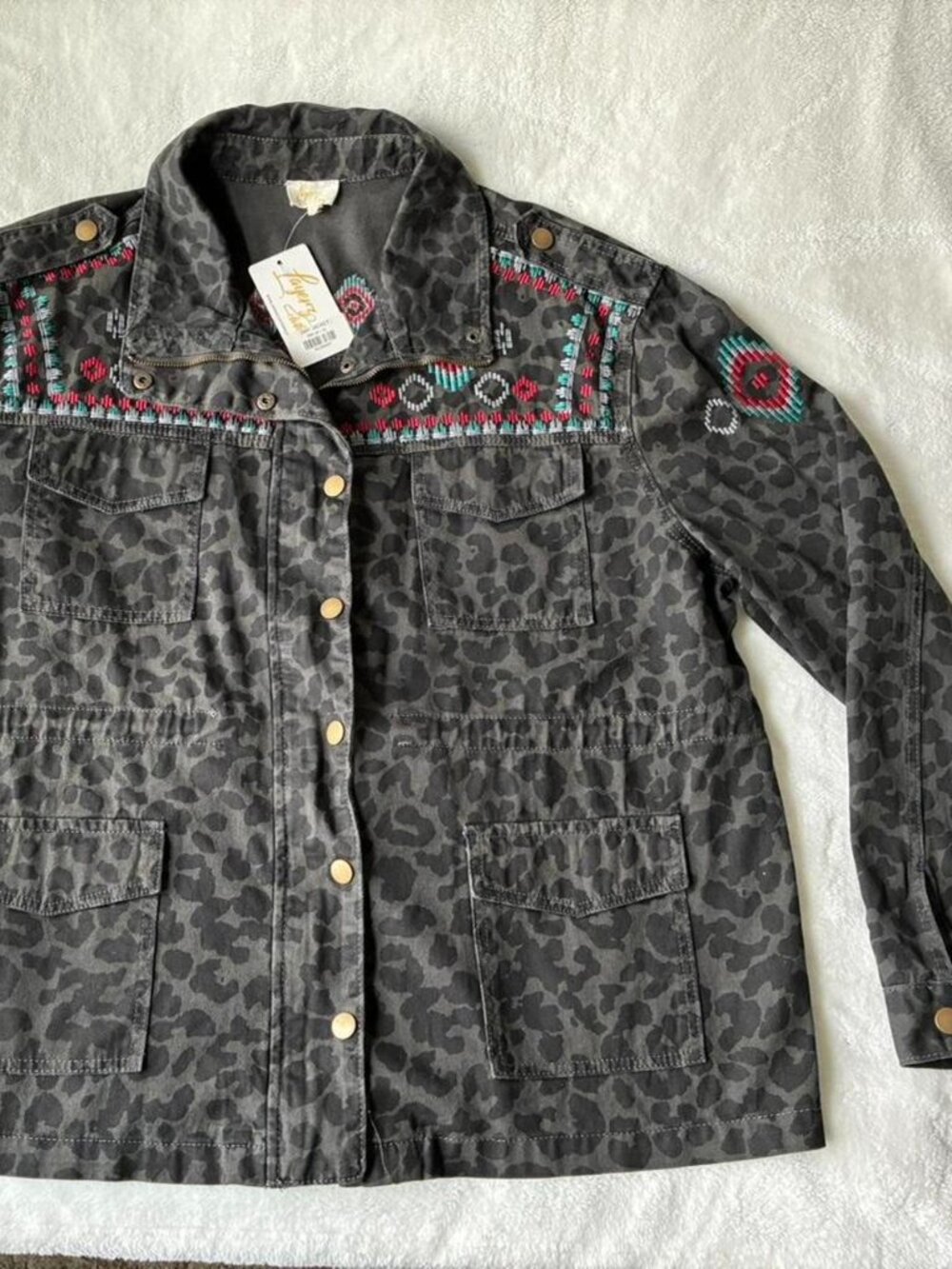 Women's Black and Grey Jacket Western Aztec embroidery w/ Cheeta print